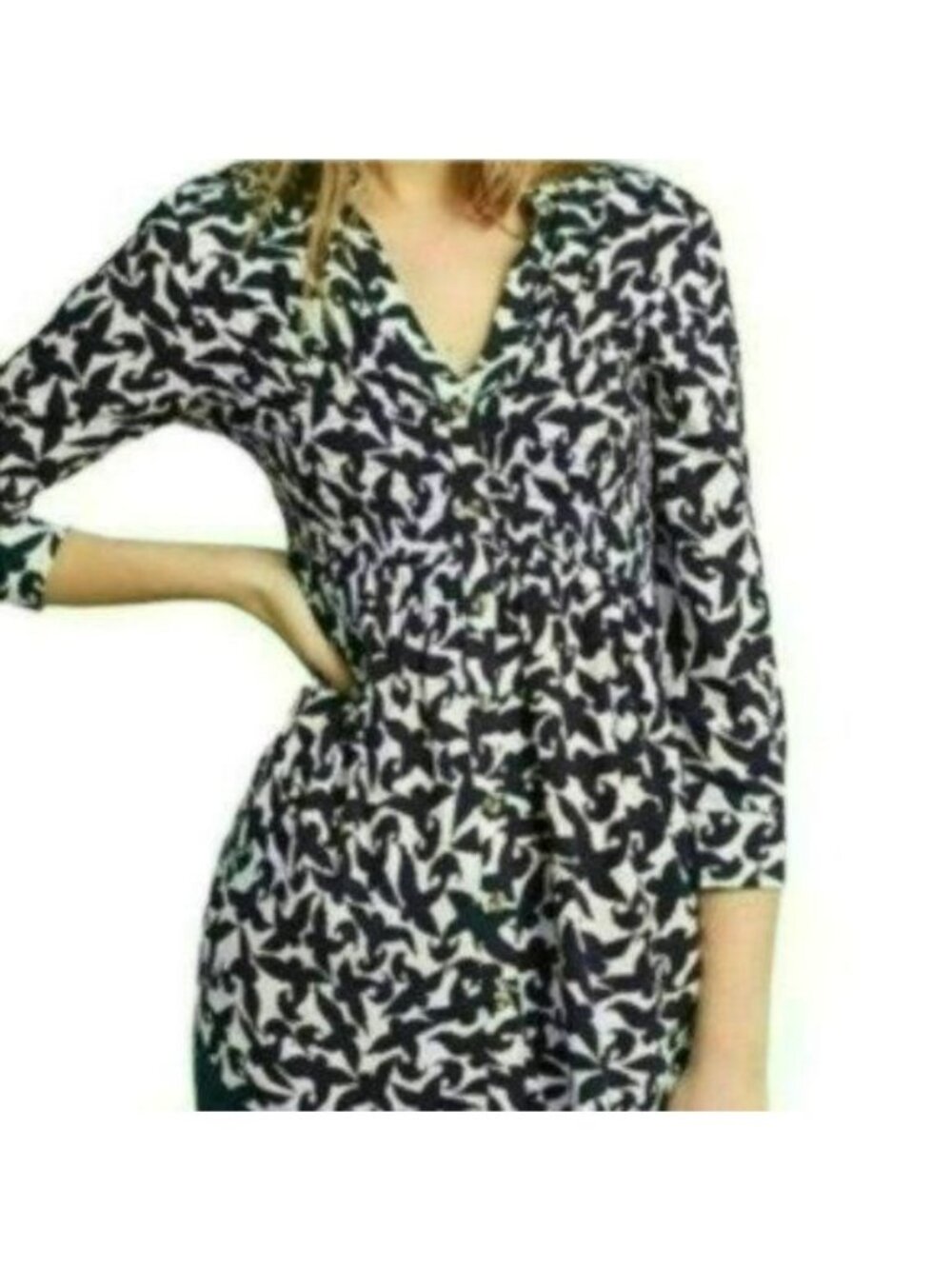 Maeve Alexa Women's XS Blue White Linen Blend V-Neck 3/4 Sleeve Shirred Blouse